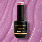 Baza Rubber Shiny Coria 033 Milky Pink, flacon 15 ml pe fundal roz cu sclipici
