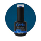Ojă semipermanentă Coria Blue Dream 04, flacon 15 ml pe fundal albastru-petrol
