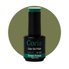 Ojă semipermanentă Coria Green Forest 43, flacon 15 ml pe fundal oliv
