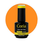 Ojă semipermanentă Coria Yellow Vibes 72, flacon 15 ml pe fundal portocaliu
