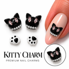 Nail Art Kitty Charm – capete de pisică neagră cu perle și lăbuțe, cu exemplu pe unghie