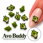 Nail Art Charm Avo Buddy – avocado verzi 3D cu ochișori, cu exemplu pe unghie