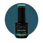 Ojă semipermanentă Coria Green Forest 14, flacon 15 ml pe fundal albastru-petrol