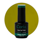 Ojă semipermanentă Coria Green Forest 42, flacon 15 ml pe fundal verde-oliv