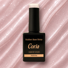 Baza Rubber Shiny Coria 076 15 ml – flacon negru pe fundal roz sclipitor