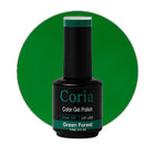 Ojă semipermanentă Coria Green Forest 27, flacon 15 ml pe fundal verde