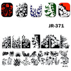Matriță decor unghii JR 371 – flori, plante și fluturi, cu exemple pe unghii