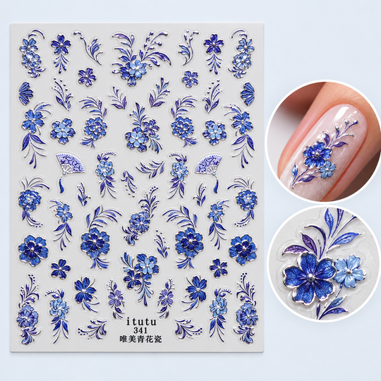 Sticker nail art 341 – flori albastre în stil porțelan, cu contur argintiu, cu exemplu pe unghie
