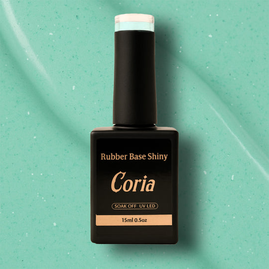 Baza Rubber Shiny Coria 063 15 ml – flacon negru pe fundal mentă sclipitor