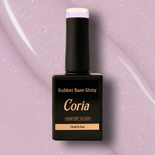 Baza Rubber Shiny Coria 049 15 ml – flacon negru pe fundal roz cu sclipici
