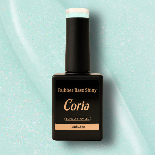 Baza Rubber Shiny Coria 752023, flacon 15 ml pe fundal bleu sclipitor