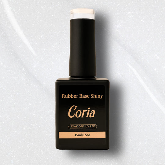 Baza Rubber Shiny Coria 048 15 ml – flacon negru pe fundal alb sclipitor