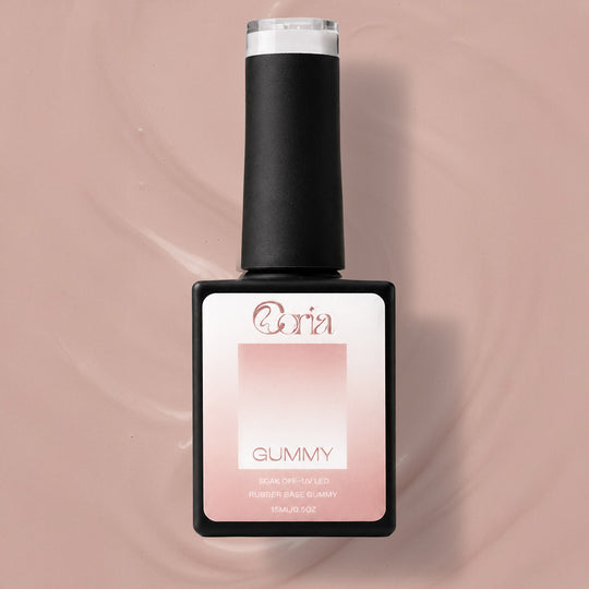 Baza Rubber Gummy Nude 128 Coria, flacon 15 ml pe fundal roz-maro