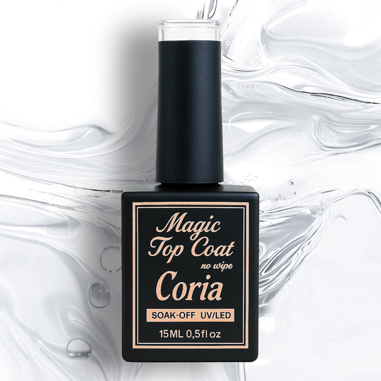 Top Coat Magic Coria 15 ml no wipe – flacon negru cu etichetă aurie