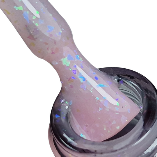Baza Rubber Shiny Coria 038 – pensulă cu bază roz cu fulgi irizați