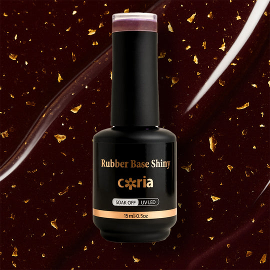 Baza Rubber Shiny 095 Coria, flacon 15 ml pe fundal vișiniu închis cu fulgi aurii