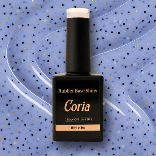 Baza Rubber Shiny Coria 104 15 ml – flacon negru, fundal lila cu buline