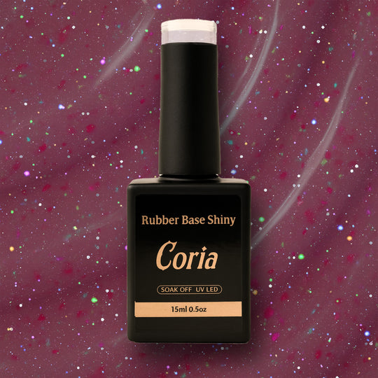 Baza Rubber Shiny Coria 332023, flacon 15 ml pe fundal vișiniu sclipitor