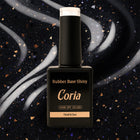 Baza Rubber Shiny Coria 682023, flacon 15 ml pe fundal negru cu sclipici