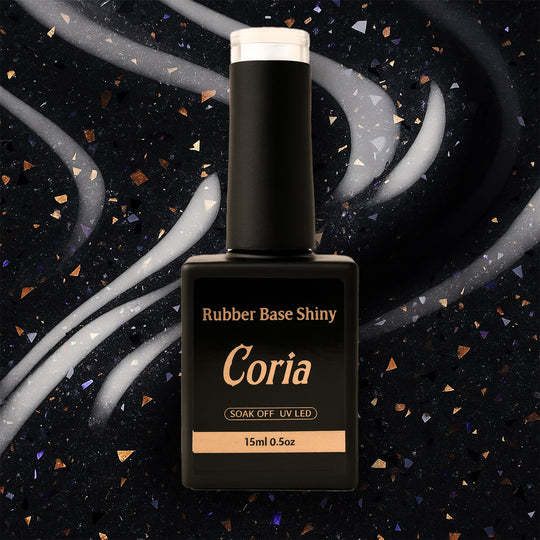 Baza Rubber Shiny Coria 682023, flacon 15 ml pe fundal negru cu sclipici