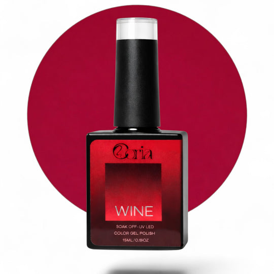 Ojă semipermanentă Coria Wine Nr. 16, flacon 15 ml pe fundal roșu-vișiniu