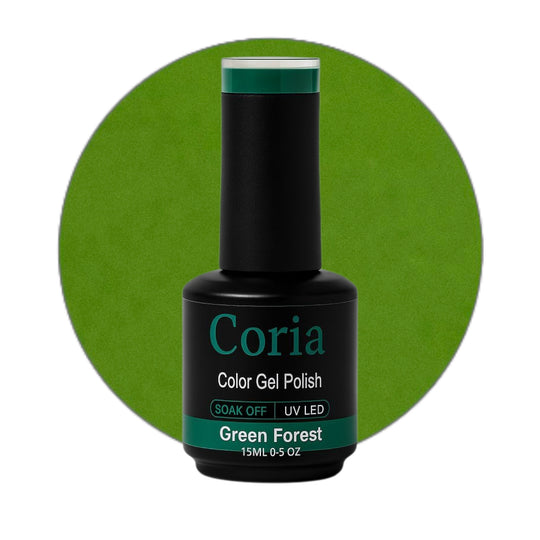 Ojă semipermanentă Coria Green Forest 39, flacon 15 ml pe fundal verde iarbă
