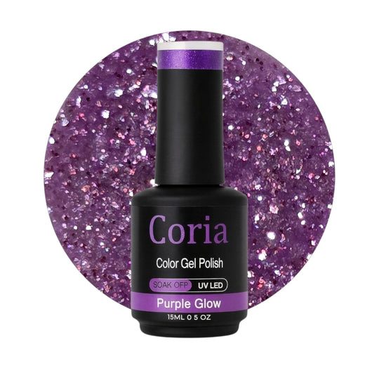 Ojă semipermanentă Coria Purple Glow 43 – mov cu sclipici, flacon 15 ml