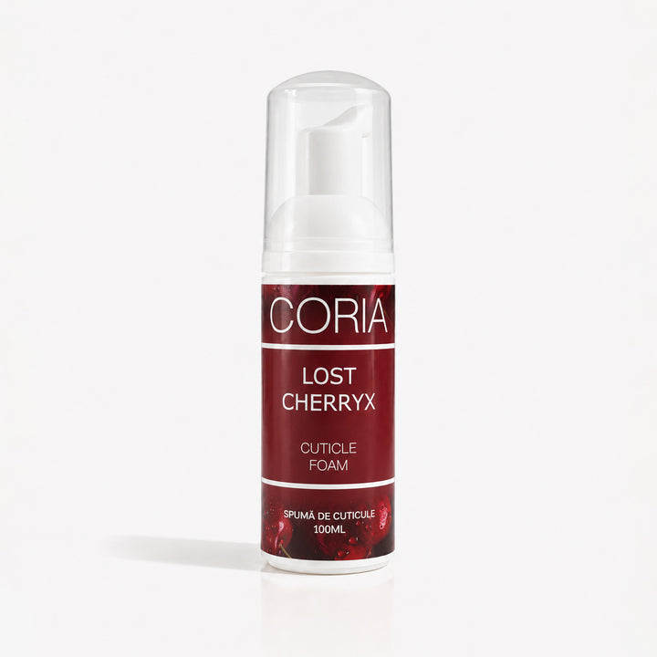 Spumă pentru cuticule Coria Lost Cherryx 100 ml – flacon cu pompă, etichetă vișinie