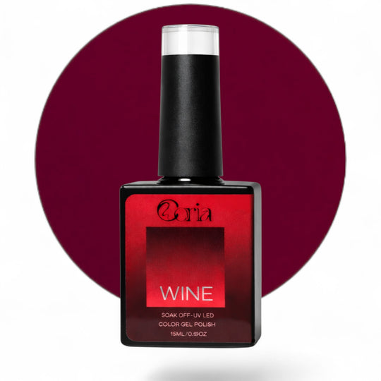 Ojă semipermanentă Coria Wine Nr. 23, flacon 15 ml pe fundal vișiniu