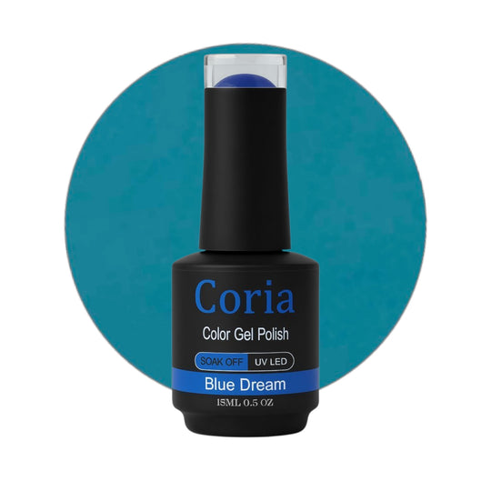 Ojă semipermanentă Coria Blue Dream 15, flacon 15 ml pe fundal albastru-petrol