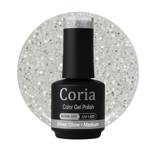 Ojă semipermanentă Coria Silver Glow 113 – argintiu-alb cu sclipici, flacon 15 ml
