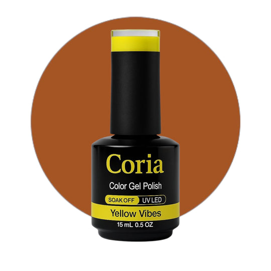 Ojă semipermanentă Coria Yellow Vibes 74, flacon 15 ml pe fundal maro-portocaliu