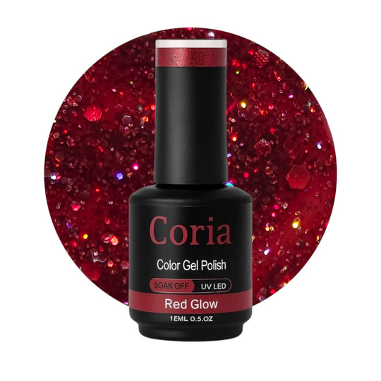Ojă semipermanentă Coria Red Glow 127 – roșu cu sclipici, flacon 15 ml