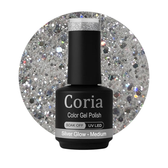 Ojă semipermanentă Coria Silver Glow 171 – argintiu cu paiete, flacon 15 ml