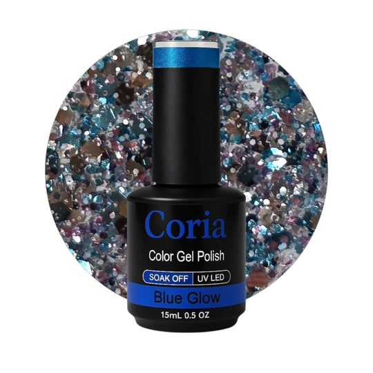 Ojă semipermanentă Coria Blue Glow 39 – paiete albastre și argintii, flacon 15 ml