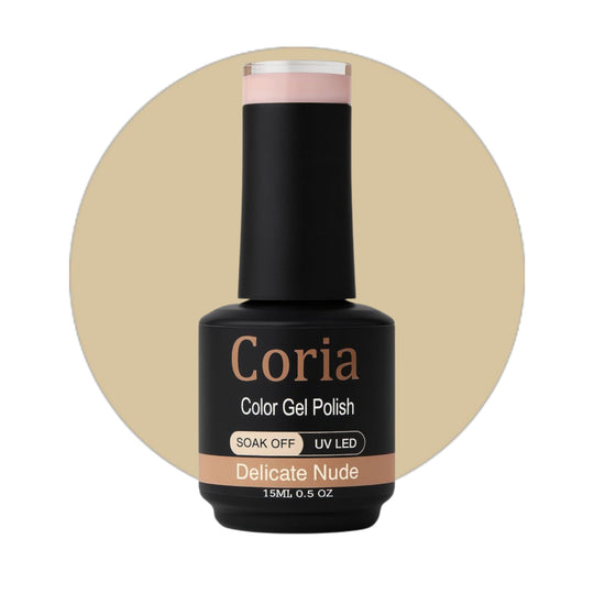 Ojă semipermanentă Coria Delicate Nude 47, flacon 15 ml pe fundal bej
