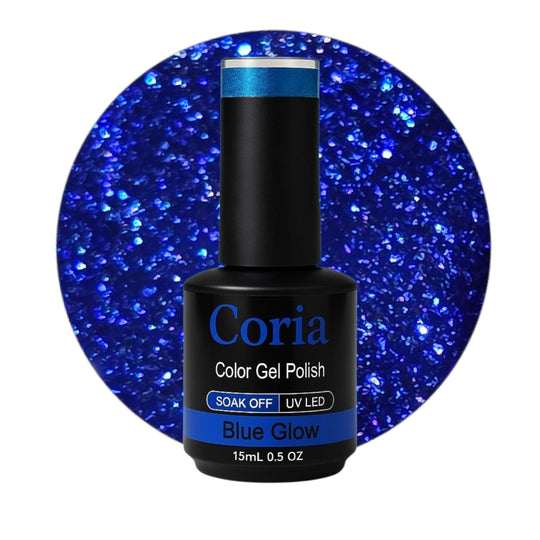 Ojă semipermanentă Coria Blue Glow 145 – albastru cu sclipici, flacon 15 ml