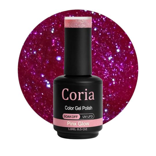 Ojă semipermanentă Coria Pink Glow 12 – magenta cu paiete, flacon 15 ml