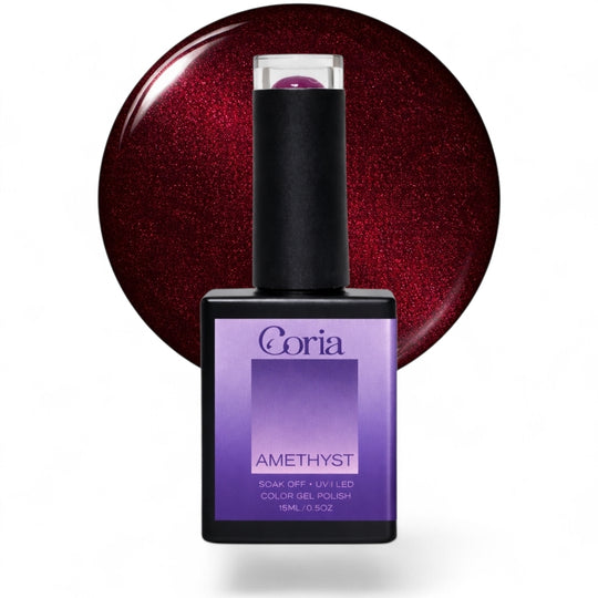 Ojă semipermanentă Coria Amethyst Nr. 27, flacon 15 ml pe fundal vișiniu sclipitor