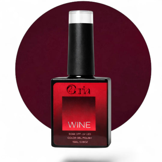 Ojă semipermanentă Coria Wine Nr. 05, flacon 15 ml pe fundal vișiniu