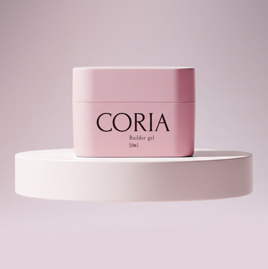Builder Gel Coria 50 ml – borcan roz pe postament alb