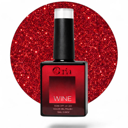 Ojă semipermanentă Coria Wine Nr. 18, flacon 15 ml pe fundal roșu sclipitor