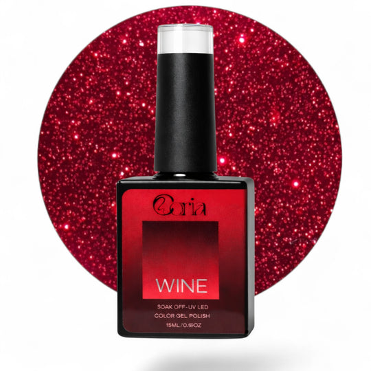 Ojă semipermanentă Coria Wine Nr. 20, flacon 15 ml pe fundal roșu sclipitor