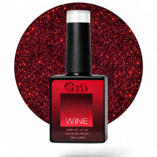 Ojă semipermanentă Coria Wine Nr. 27, flacon 15 ml pe fundal vișiniu sclipitor