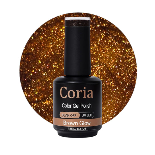 Ojă semipermanentă Coria Brown Glow 123 – arămiu cu sclipici, flacon 15 ml
