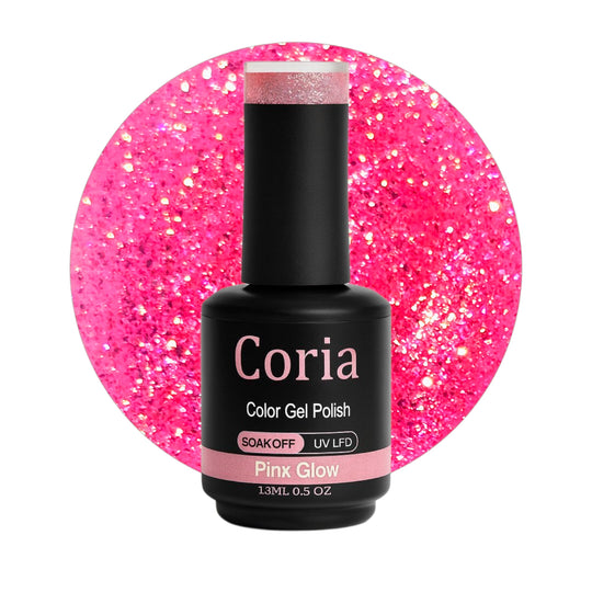 Ojă semipermanentă Coria Pink Glow 50 – roz neon cu sclipici, flacon 15 ml