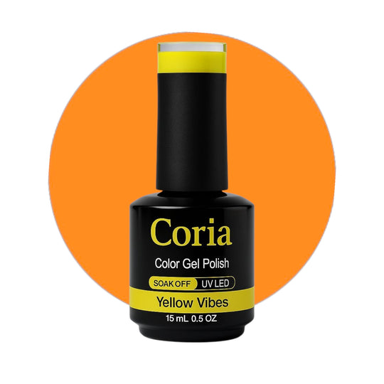 Ojă semipermanentă Coria Yellow Vibes 72, flacon 15 ml pe fundal portocaliu