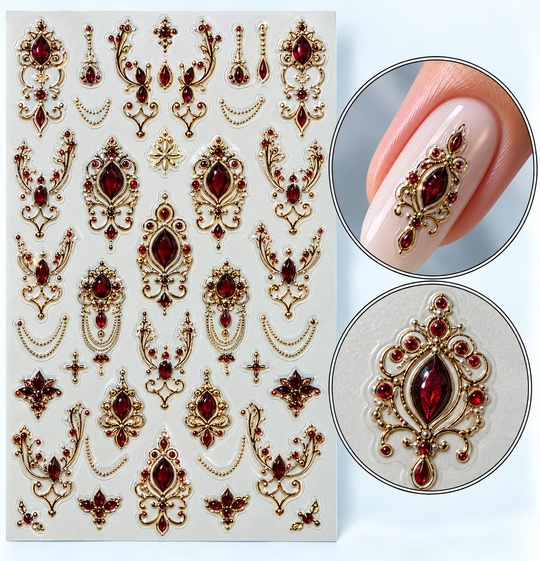 Sticker nail art 389 Elite – bijuterii aurii cu pietre vișinii, cu exemplu pe unghie