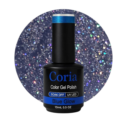 Ojă semipermanentă Coria Blue Glow 46 – albastru-argintiu cu sclipici, flacon 15 ml