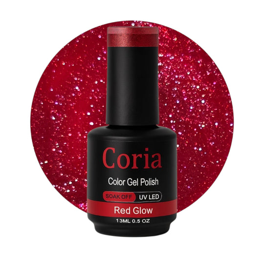 Ojă semipermanentă Coria Red Glow 113 – roșu cu sclipici, flacon 15 ml